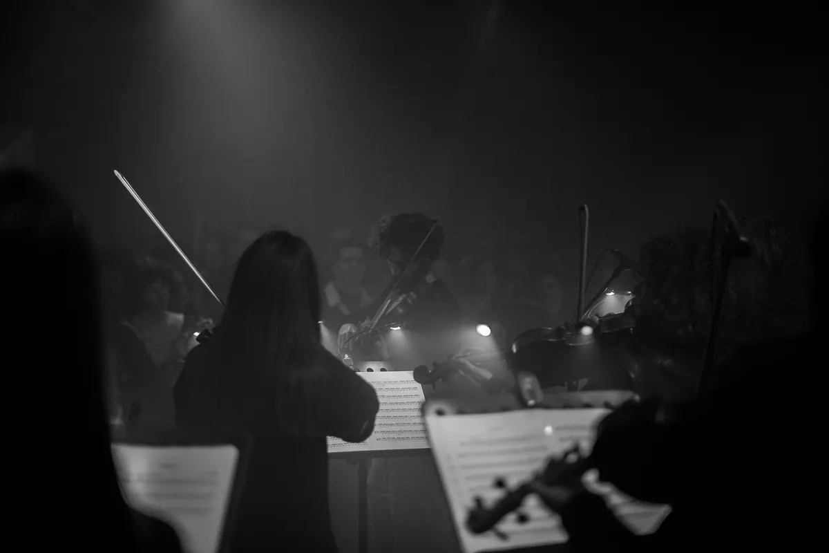 Violinistkinje s leđa, notni pultovi i publika u dimu, crno-bijelo