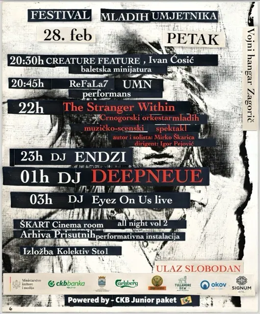 Dnevni plakat za petak, 28. februar: program na crnim trakama preko crno-bijelog portreta