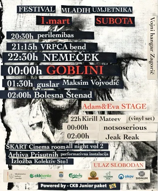 Dnevni plakat za subotu, 1. mart, sa programom glavne scene i Adam&Eva stage